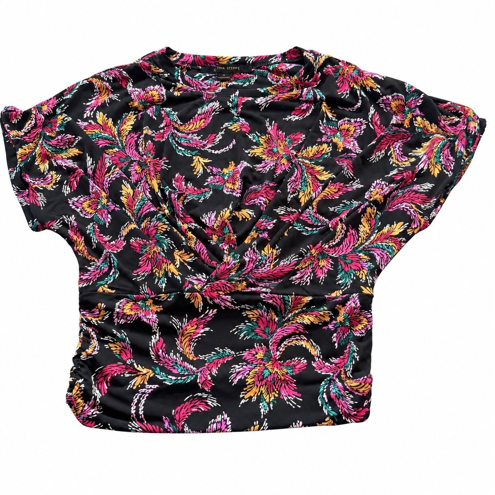 Cynthia Steffe S Black Floral Faux Wrap Ruched Dolman Blouse Y2K Boho